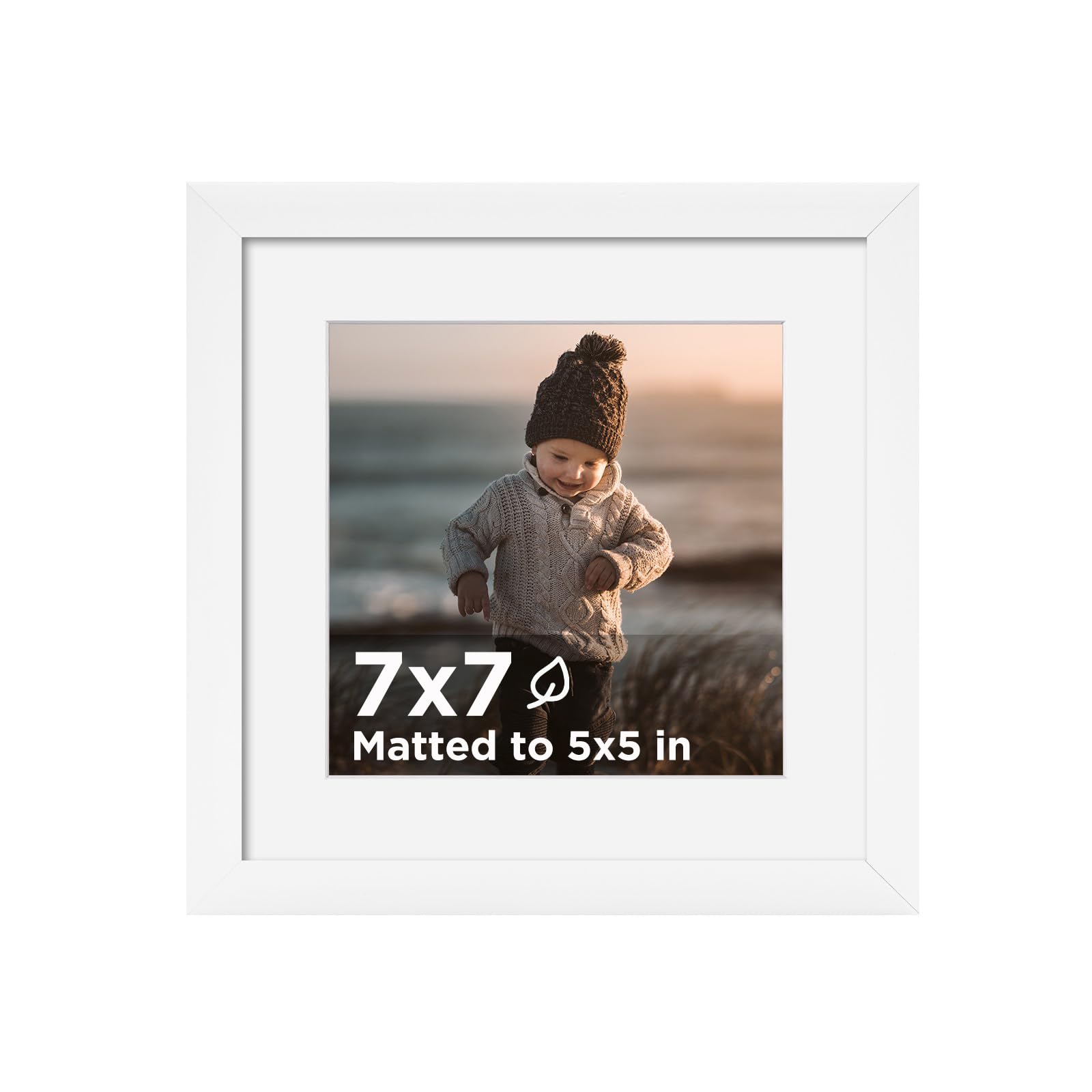 Photo 1 of KINLINK 7x7 Picture Frame White Set of 1, Wooden Square Photo Frame Matted 5x5 with Plexiglass for 5x5 with Mat or 7x7 without Mat for Table and Wall Display