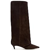 RBRKGNH Brown Suede Knee High Boots for Women Comfortable Pull on Pointed Toe 2 Inch Kitten Heel Fold Over Boots.