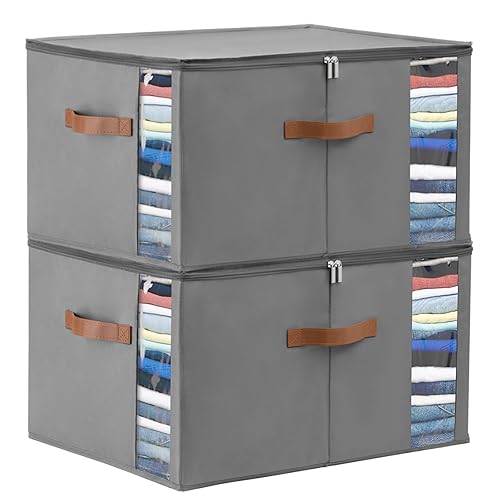 WELTRXE Clothes Storage Bag, 2 Pack 65L Foldable Wardrobe Storage Organizer with PP Panel Frame Support, Storage Boxes with Lid and Zip, Oxford Fabric Moving Bag for Clothing, Bedding, Duvet, Grey