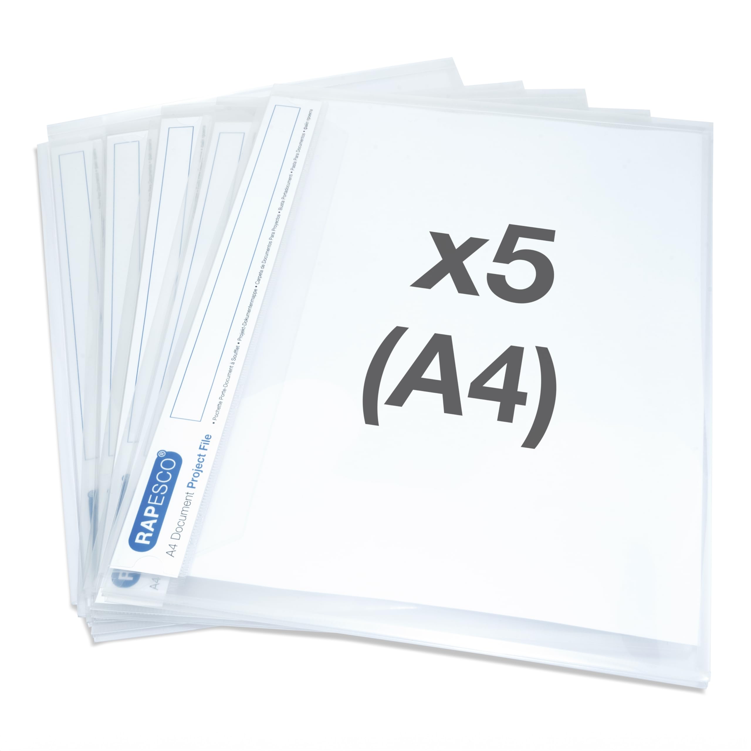 Rapesco 1258 Document Project File, A4, Clear Transparent, Pack of 5