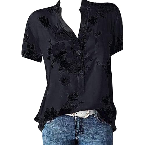Tops for Women Summer,Blouse Shirts Floral Print V Neck Button Pocket Short Sleeve Summer Vintage Elegant Casual Tops