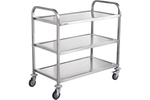 VEVOR Kitchen Utility Cart, 37.5"x19.7"x37.7" 3 Tiers Wire Rolling Cart, 450LBS Capacity Steel Service Cart with Brake Wheels, Storage Trolley with 80mm Basket PP Liner 6 Hooks, Indoor & Outdoor Use