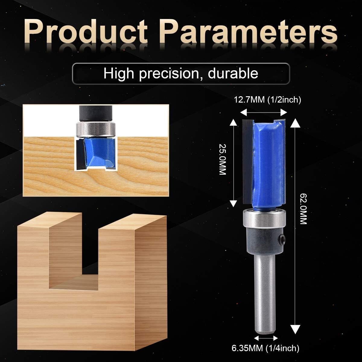 KATUR Woodworking Trimming Cutter Top Bearing Flush Trim Pattern Router Bit Milling Cutter Router Bit 1/4 Inch Shank with Alloy Blade Carbon Steel(1/4" Shank,1/2" Tooth width,25mm Tooth depth) - Image 3