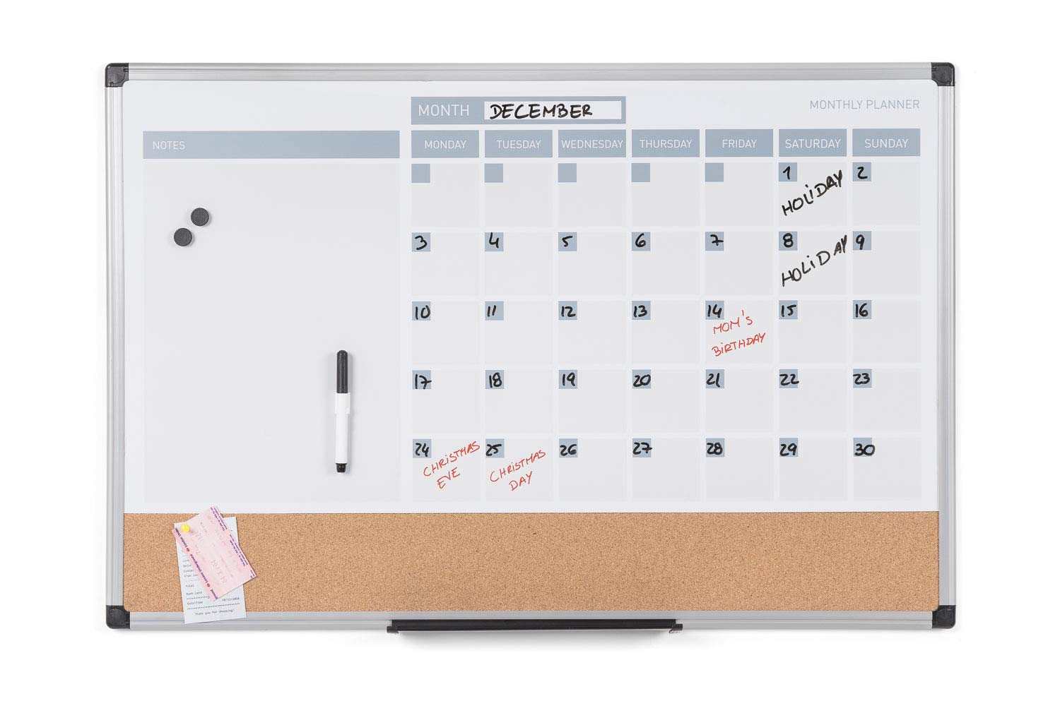 Bi-Office Dry-Erase Monthly Planner 3-in-1, Plastic Frame, 90 x 60 cm