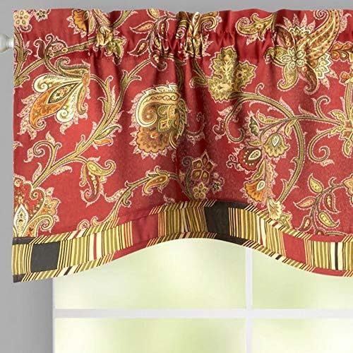 Traditions By Waverly Tennyson Floral Stripe Border Scalloped Window Valance, 52”W x 16”L (Red Crimson)