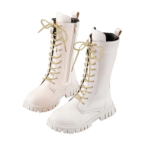 White Boots Kids, Combat Boots for Girls UK, Lace Up Riding Mid Calf PU Leather Waterproof Shoes Fall Winter Side Zipper Punk Goth Boot Non Slip Round Toe Lug Sole Chunky Heels Cowgirl Footwear