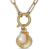 18k Gold Plated Stainless Steel Chain Link Seashell Necklace with Pearl, 18 Inch
