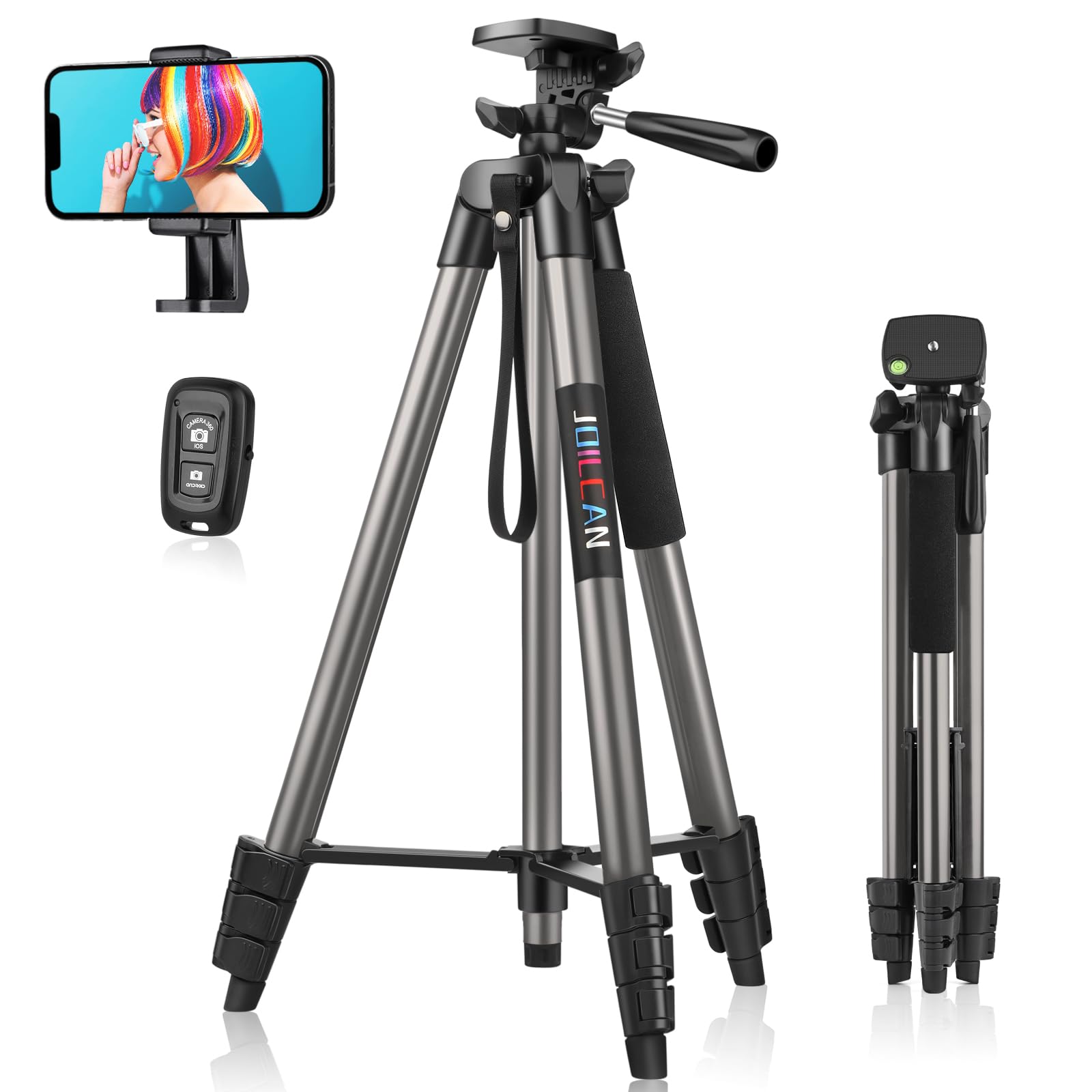 JOILCAN 63" Tall Tripod with Wireless Remote, Aluminum Extendable Phone Stand & Selfie Stick Tripod, 3-Way Pan Head Tripods for Smartphone, Camera, Lightweight Travel Tripods for iPhone 17/16/15, Gray