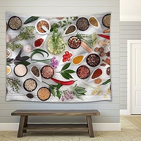 Large herb Food Seasoning Sampler Over Distressed White Wood Background. - Fabric Wall Tapestry Home Decor - 51x60 inches
