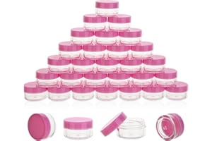 HPPFFY 50 Count 5 Gram Sample Containers, Clear Lip Balm Containers with Lids, Small Plastic Sample Jars with 4 Mini Spoons, 50pcs Labels (Pink Lid)