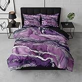 CCoutueChen Purple Marble Comforter Set Queen Size, Abstract Black Purple Bedding Set with Silver Lines - 3Pcs Soft Lightweight Quilted Comforter for All Seasons,90"x90"