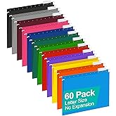 HERKKA Hanging File Folders, 60 Pack Reinforced Letter Size Hanging Folders with Heavy Duty 0 Inch Expansion, Designed for Bulky Files, Medical Charts, 1/5-Cut Adjustable Tabs, 12 Assorted Colors