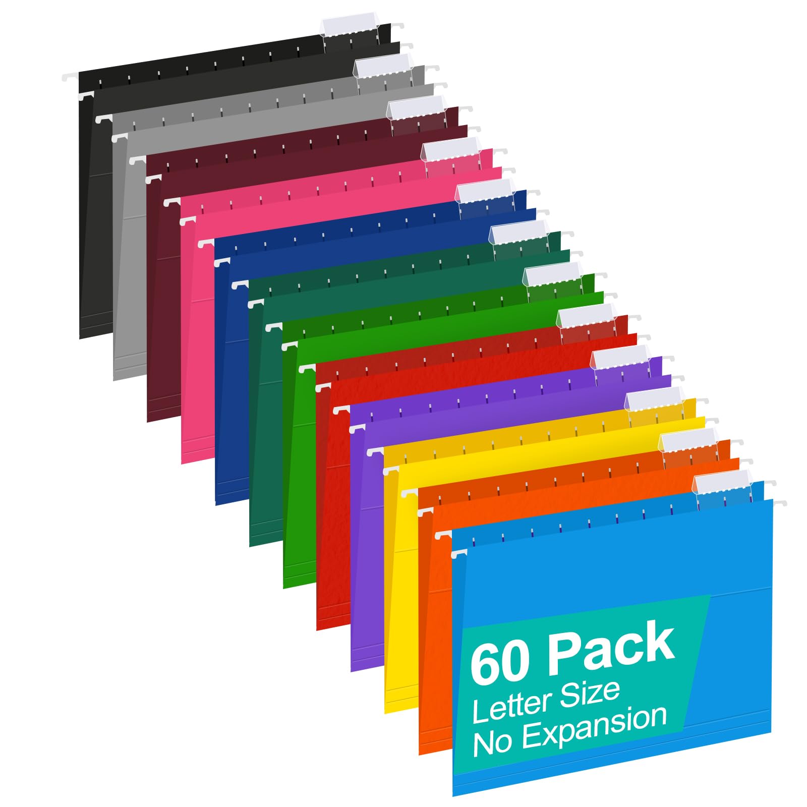Photo 1 of HERKKA Hanging File Folders, 60 Pack Reinforced Letter Size Hanging Folders with Heavy Duty 0 Inch Expansion, Designed for Bulky Files, Medical Charts, 1/5-Cut Adjustable Tabs, 12 Assorted Colors