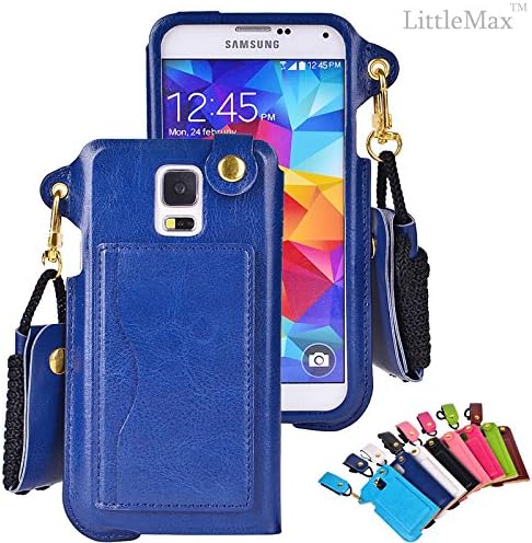 S5 Case, LittleMax(TM) Leather Back Case with Neck Strap [Cable Winder] Kickatand Card Slot Protective Case Cover for Samsung Galaxy S5 **Free Cleaning Cloth,Stylus Pen,Screen Protector (Darkblue)