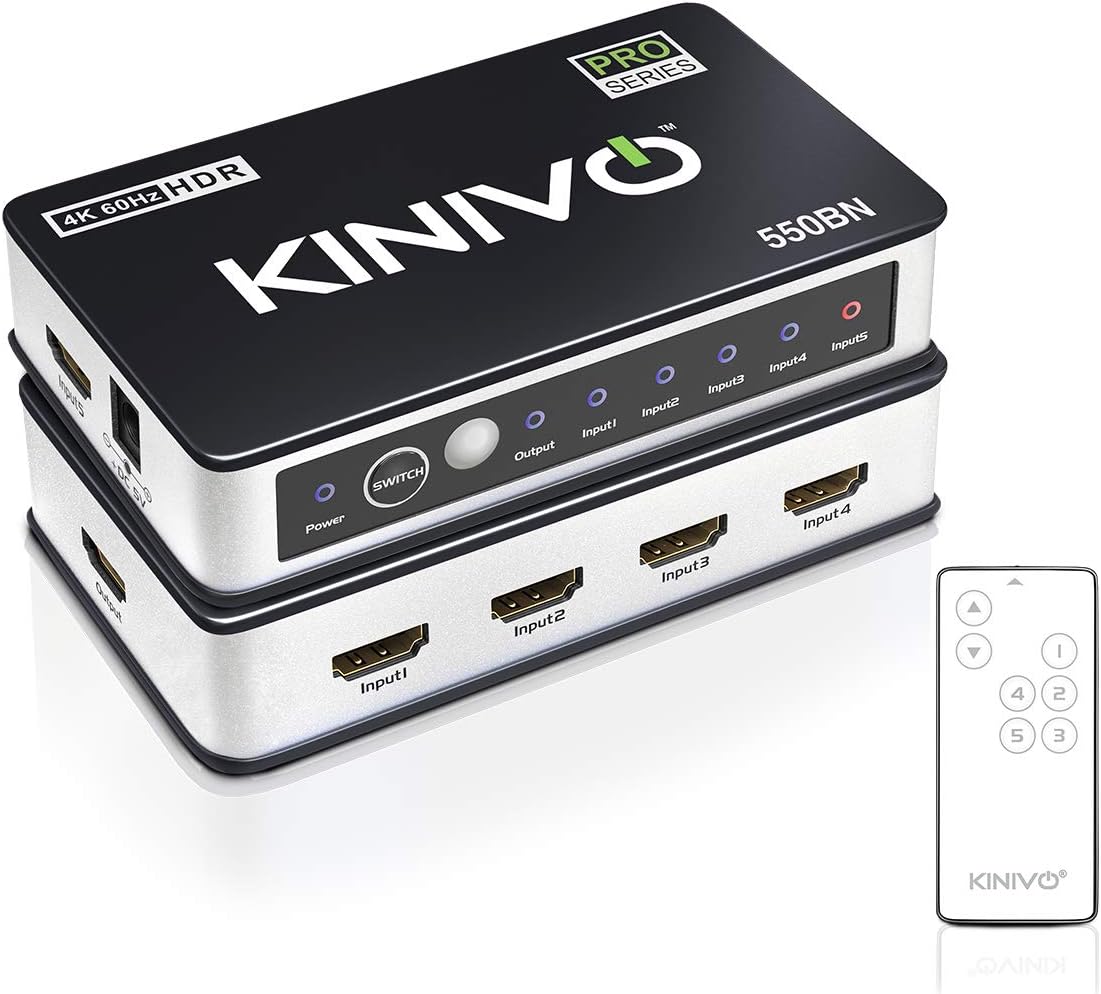 Kinivo 550BN 4K HDMI Switch with IR Wireless Remote (5 Port, 4K 60Hz HDR, HDMI 2.0, High Speed-18Gbps, Auto-Switching): Home Audio & Theater