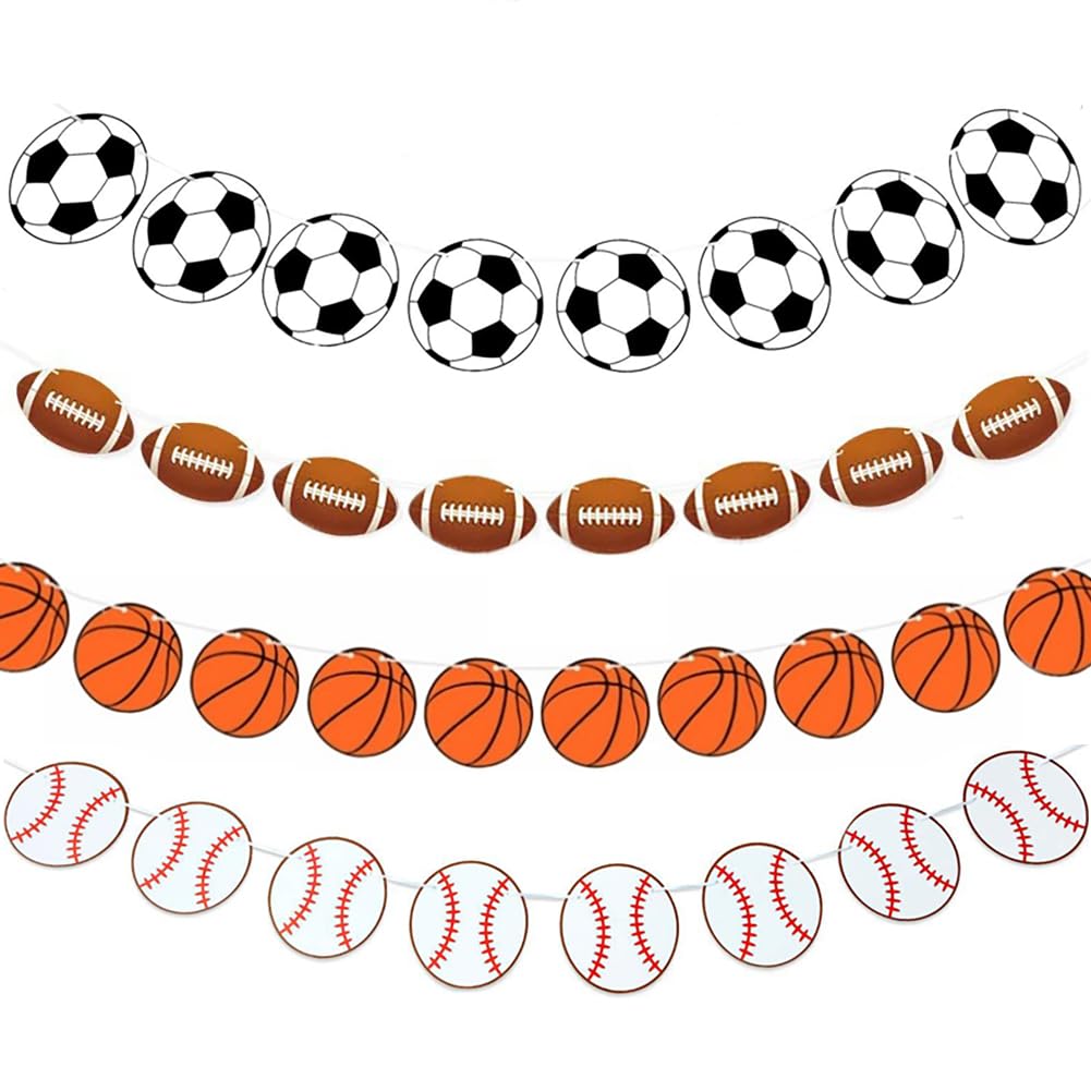 Photo 1 of 4PCS Sports Theme Banner Basketball Football Baseball Soccer Banner Decorations Garland for Kids Sport Celebrating Events Birthday Party Supplies Room Wall Decor
