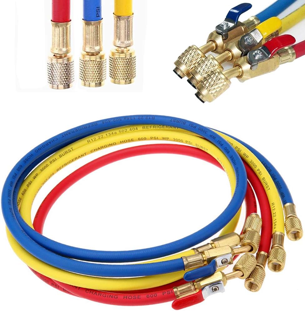 LIYYOO Refrigerant Charging Hose with Ball Valve Apply to R134A R12 R22 R502 R404 Refrigerant Air Conditioning Manifold Gauge 1/4" Thread Hose Set 60" Red/Yellow/Blue (Pack of 3): Automotive