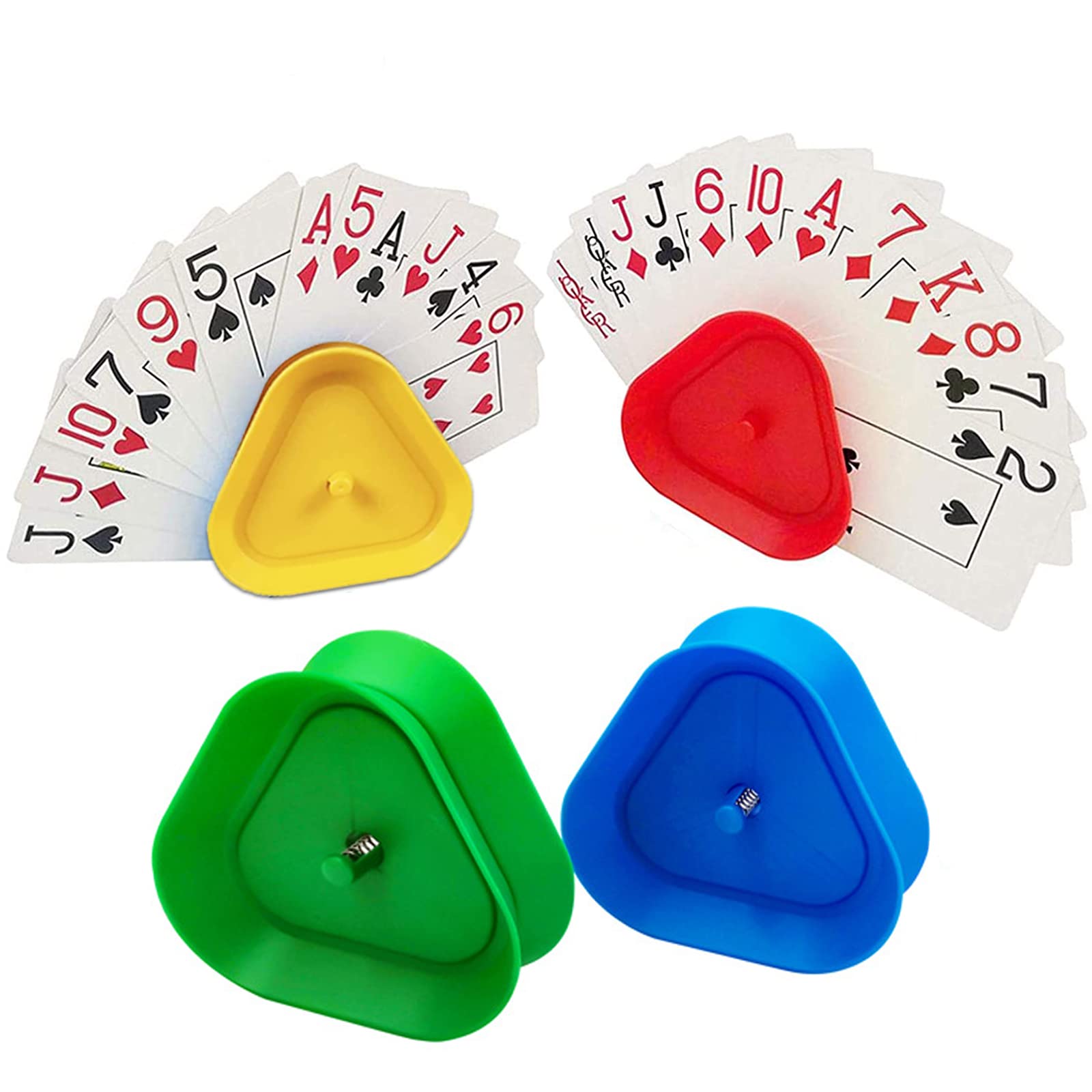 NAMIS Playing Card Stand Holder 4pcs Hands Free Playing Card Holder Plastic Triangle Standing Poker Holder Card Game Holder for Kids Adults Seniors for Game Supply (Red Blue Yellow Gree)