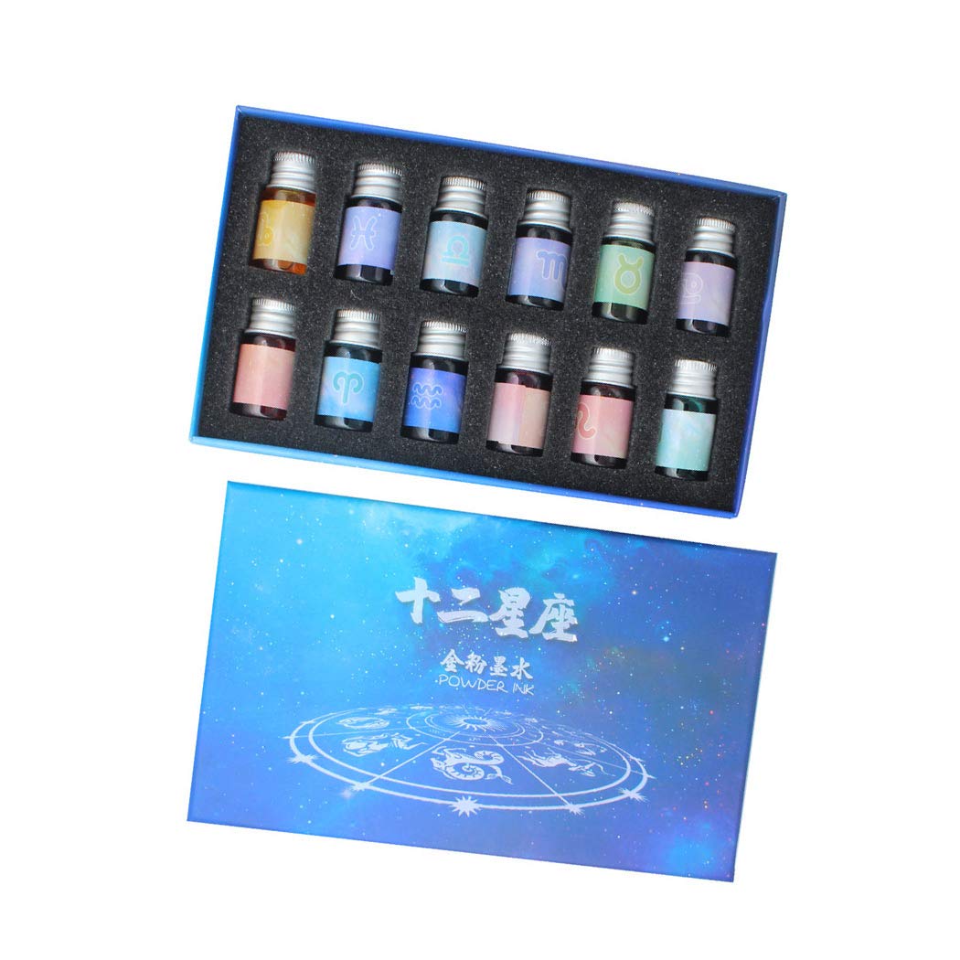 SIPLIV Glass Dip Pen Bottle Ink Set, Sparkling 12 Constellations Calligraphy Pen Bottle Ink Gift Set, 12 Colors