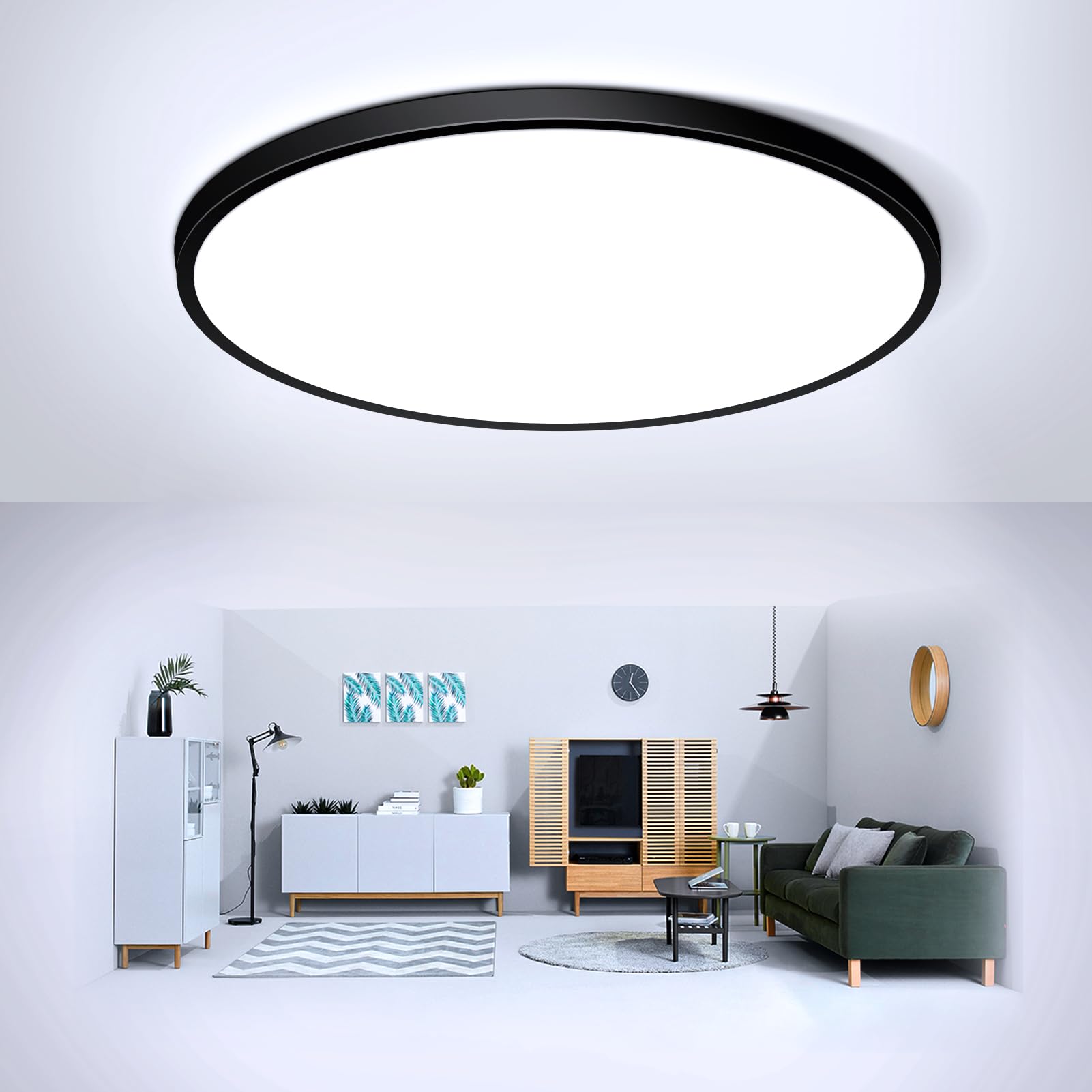 24W Black LED Flush Mount Ceiling Light, 6500K Daylight White Bathroom Light, 2000LM, Flat Modern Round Lighting, 240W Equivalent White Ceiling Lamp for Kitchens, Hallway, Bedrooms.etc. 10.6in/27cm