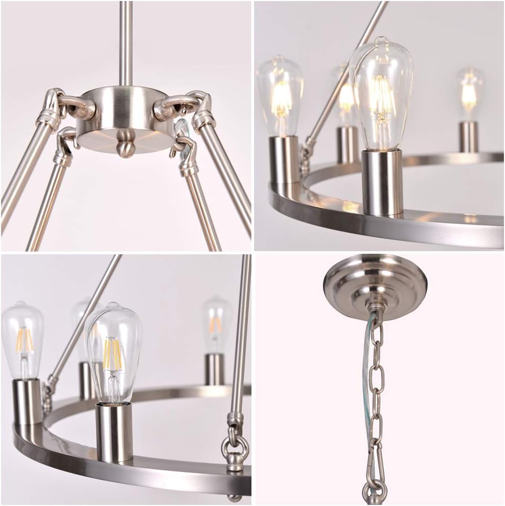 OSAIRUOS Farmhouse Rustic Chandelier Antique Retro Industrial Ceiling Pendant Light Round Rod Iron Chandeliers Lighting Fixture 8-Lights for Kitchen Island Living Room W30'', Nickel - - 