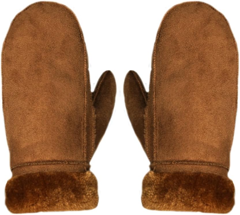 Suede Leather Mittens Winter Warm Thick Gloves with Fur Cuff for Women Girls