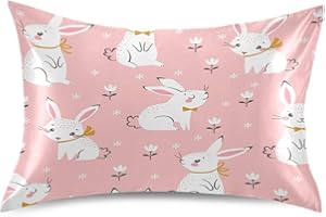 HOYYU Cute Floral Bunny Satin Pillowcase Silk Pillow Cases for Hair and Skin Slipping Body Pillow Cover with Envelope Closur Standard Size 20x26 Pillowcase Decor for Kids Girls Boys Women