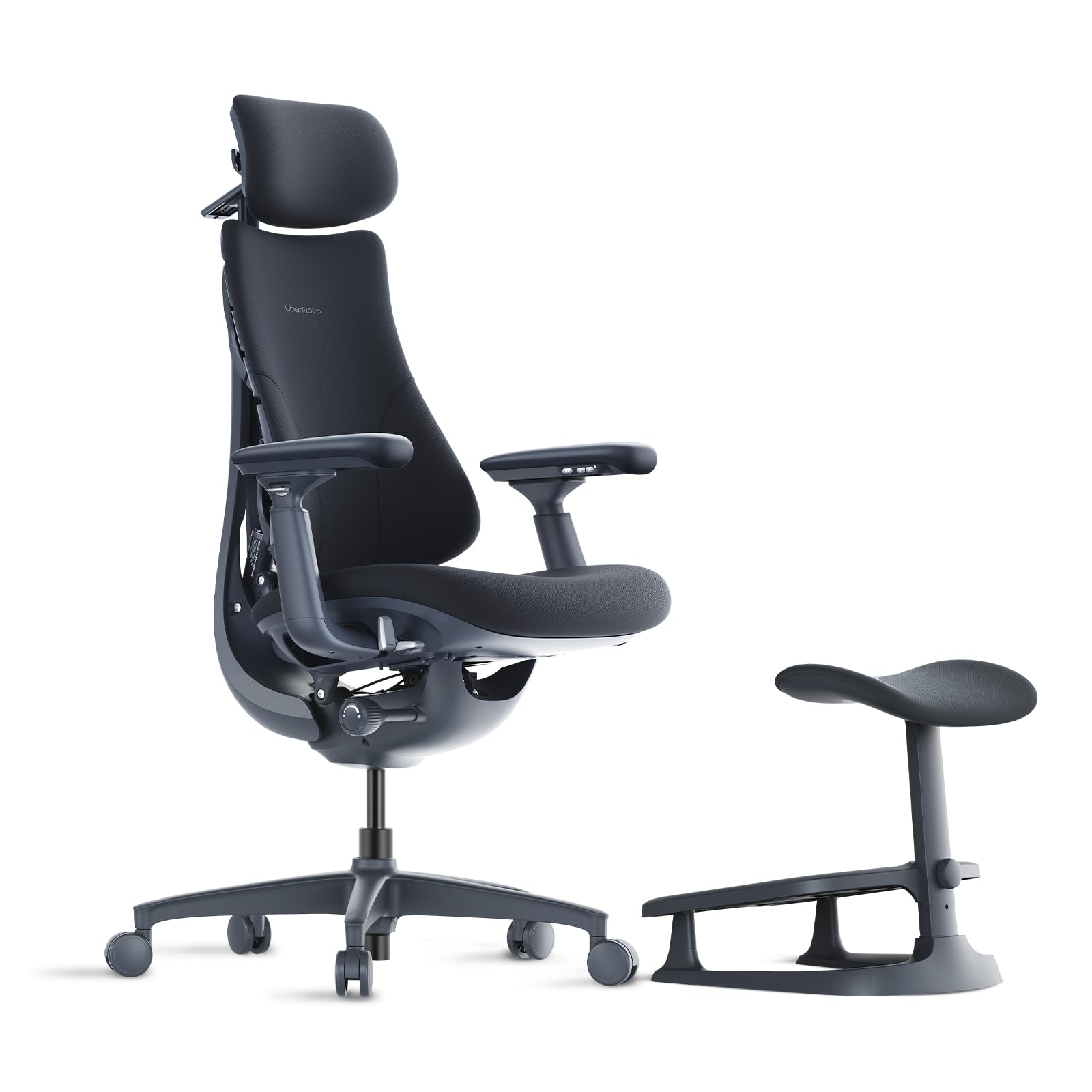 LiberNovo Silla de escritorio ergonómica dinámica + reposapiés StepSync - Cómoda silla de oficina en casa con soporte lumbar adaptable, reclinación de 160° y estiramiento de columna incorporado, negro+48 cm