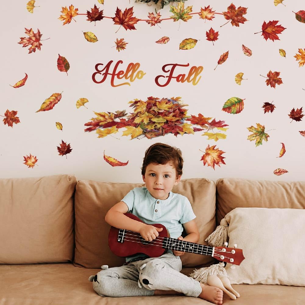 SUPERDANT Maple Leaves Wall Stickers Autumn Wall Decal Hello Fall Peel and Stick Wall Decor DIY Vinyl Art Wall Decor for Home Bedroom Living Room Coffee Bar Wall Decor Thanksgiving Wall Decor