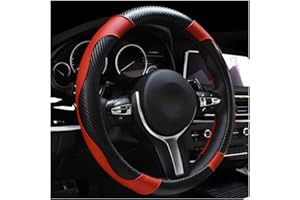 DXNQ Car Steering Wheel Cover, 15 Inch Carbon Fiber Leather Stitching Color Steering Wheel Protector, Anti-Slip Elastic Breathable Steering Wheel Cover Stylish Decor for Most Cars (Black&Red)