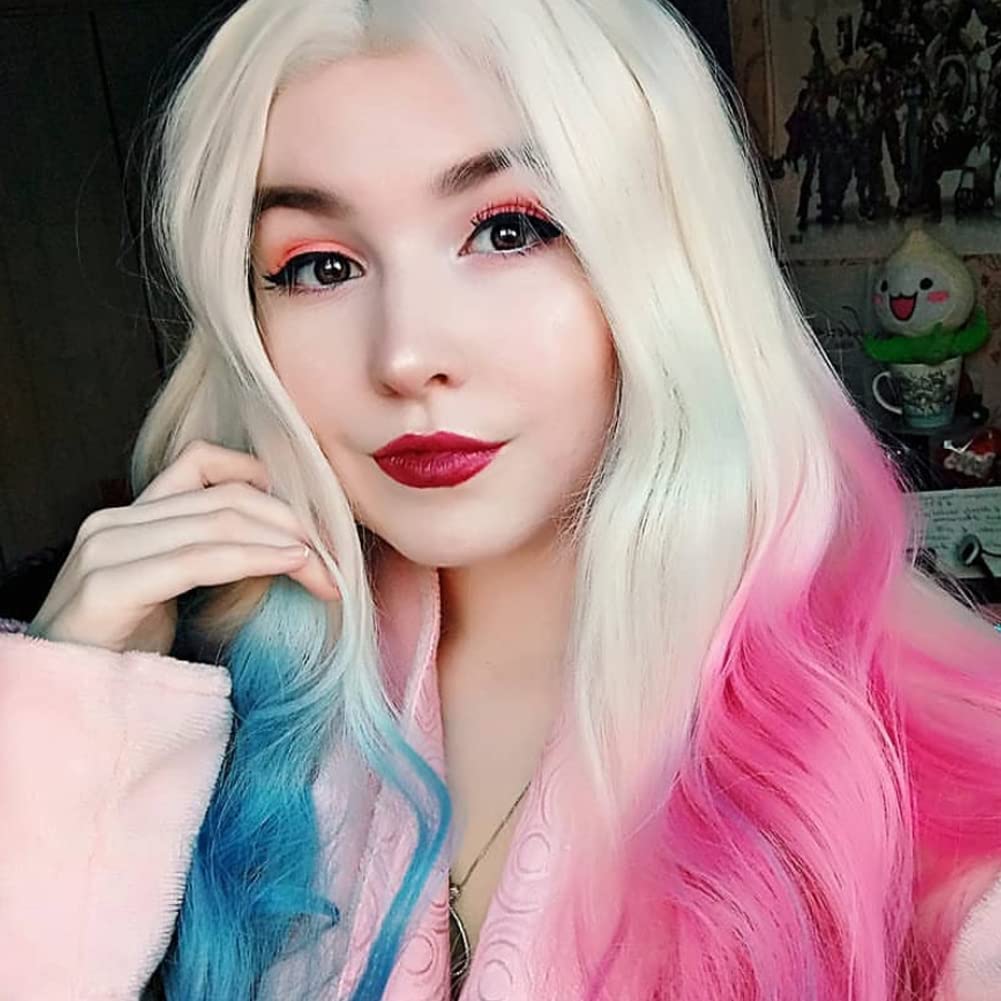 AFBeauty Pink Blue Wigs for Women ynthetic Lace Front Wig Long Wavy BlondeOmber Pink Blue Cosplay Wig Heat Resistant Fiber Glueless Wigs for Drag Queen Party