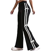 RoseSeek Girl's Bow Side Wide Leg Pants Striped Elastic High Waist Straight Leg Sweatpants Wide Leg Joggers