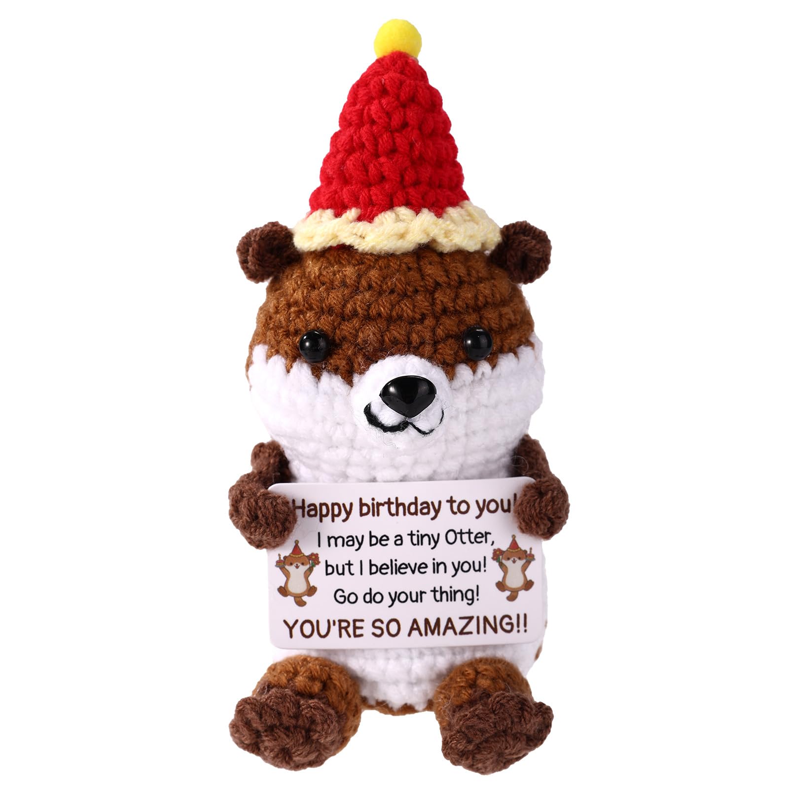 Positive Otter, Soft & Cute Crochet Otter Toy with Warm Birthday Card Emotional Knitted Support Thoughtful Gifts Fit Family Friends Ideal Decoration for Home Office Bedroom (Birthday Style)