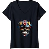 Womens Sugar Skull I Floral Mexican Tradition I Dia De Los Muertos V-Neck T-Shirt