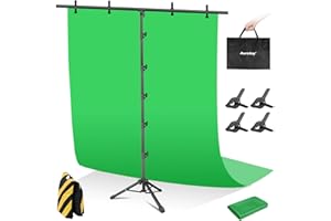 Aureday 8x5FT T-Shape Green Screen Backdrop Stand, Adjustable Backdrop Stand Kit with Horizontal Pole, 4 Spring Clamps, Sandbag, and Black Carrying Bag for Parties/Wedding/Photography/Decoration