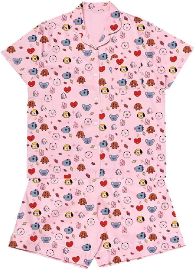 PINGJING BTS Bangtan Boys Cartoon Cute Summer Short Sleeve Harajuku Style Pajamas Sleepwear Nightgown Suits for Men and Women