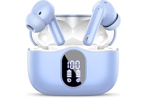 BTOOTOS Wireless Earbuds, Bluetooth 5.3 Headphones Bass with Noise Cancelling Mic, Stereo Ear Buds, in Ear Earphones LED Display, IP7 Waterproof, 36H Playtime for Laptop Phones Sports Workout, Sky Blue