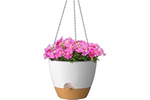 ZMTECH 12 Inch Hanging Planters for Indoor Outdoor Plants 1 Pack Self Watering Hanging Plant Pots with Drainage Holes and Removable Saucer Plastic Flower Hanging Pots with Watering Lip (White)