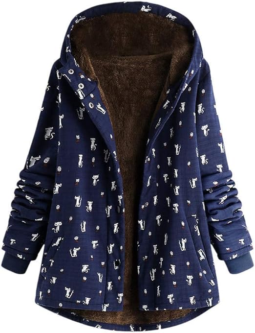2019 Women's Coat Cat Print Winter Jacket Hoodie Modern Casual Hooded