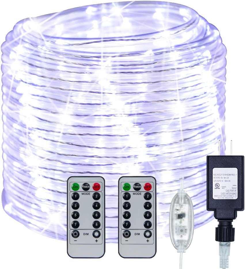 YDHOK 335 LEDs/66FT 8 Modes Plug in/Adapter Rope Lights,Waterproof Clear Tube Copper Wire Lights with Remote for Garden,Patio,Fence,Deck,Walks,Path,Holiday Decor(Warmwhite/White/Multi Color) (White)