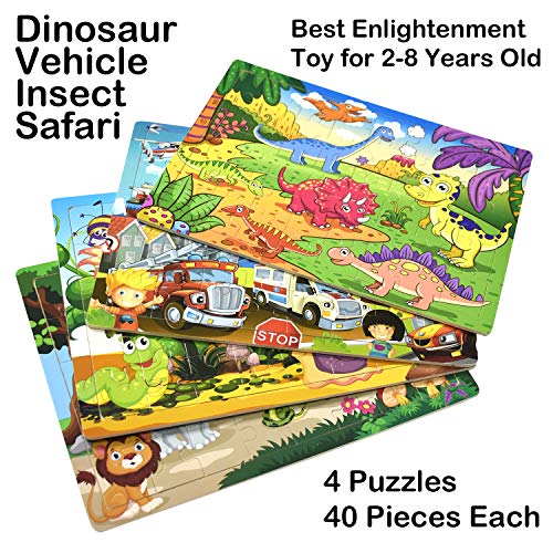 Wooden Puzzles for Toddlers Kids Ages 2-8, [40 Pieces] Preschool Jigsaw Puzzles Brain Development Educational Toys for Children, Set of 4 Theme - Dinosaur, Safari, Vehicles and Insect - Thumbnail 6