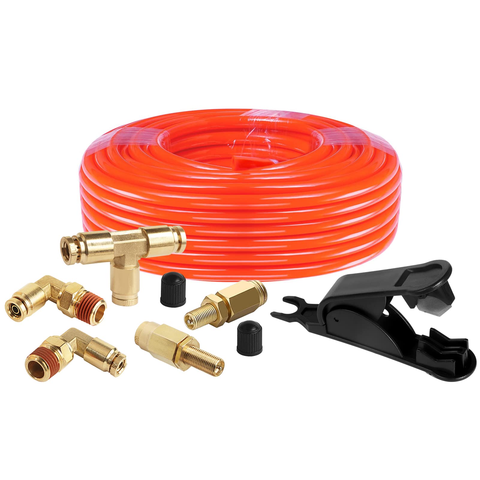 Photo 1 of 1/4 DOT Air Line Kit for Spring Bag Suspension, Include Truck Trailer Brass DOT Air Brake Line Fittings -Schrader Valves,1/4 NPT Elbow Fitting,Union Tee and and 20 Feet Tubing