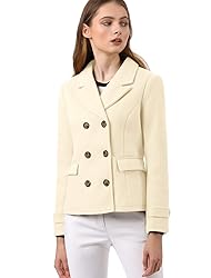 Allegra K Women's Notched Lapel Double Breasted Pea