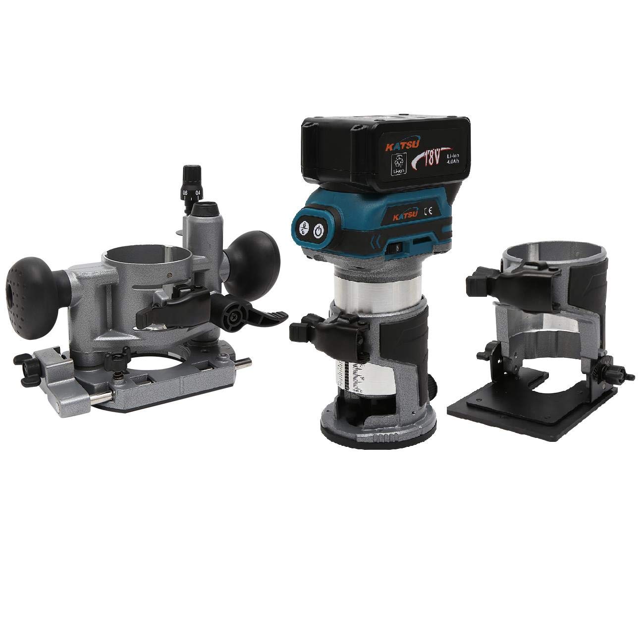 KATSU Cordless Wood Trimmer Laminator Router Joiners Tool Set 18V with 3 Bases (Trimmer, Plunge, and Tilt) + 2 Chucks Collets 1/4" and 3/8" + Battery 4.0Ah and Charger