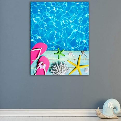 Amazon Co Jp 夏休みポスターとプリントヒトデシェル壁アートキャンバス 絵画家の装飾リビングルームの寝室の装飾90 72センチなしフレーム ホーム キッチン