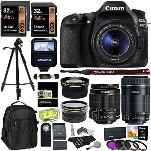 Canon-EOS-80D-Digital-SLR-Kit-with-EF-S-18-55mm-f35-56-Image-Stabilization-STM-Canon-EF-S-55-250mm-Lens-Polaroid-43x-Super-Wide-Angle-22X-HD-Telephoto-Lens-Memory-Cards-Accessory-Bundle