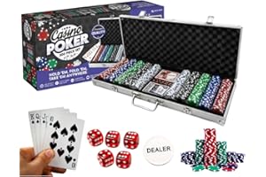 Tradeopia 500 Chips Poker Set, Includes: 1 Dealer Chip, 2 Playing Cards Deck, 5 Red Dice, Aluminium Carrying Case, for Adults