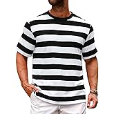Runcati Mens Short Sleeve T-Shirts Striped Casual Crewneck Basic Shirt Color Block Stretch Summer Beach Tees