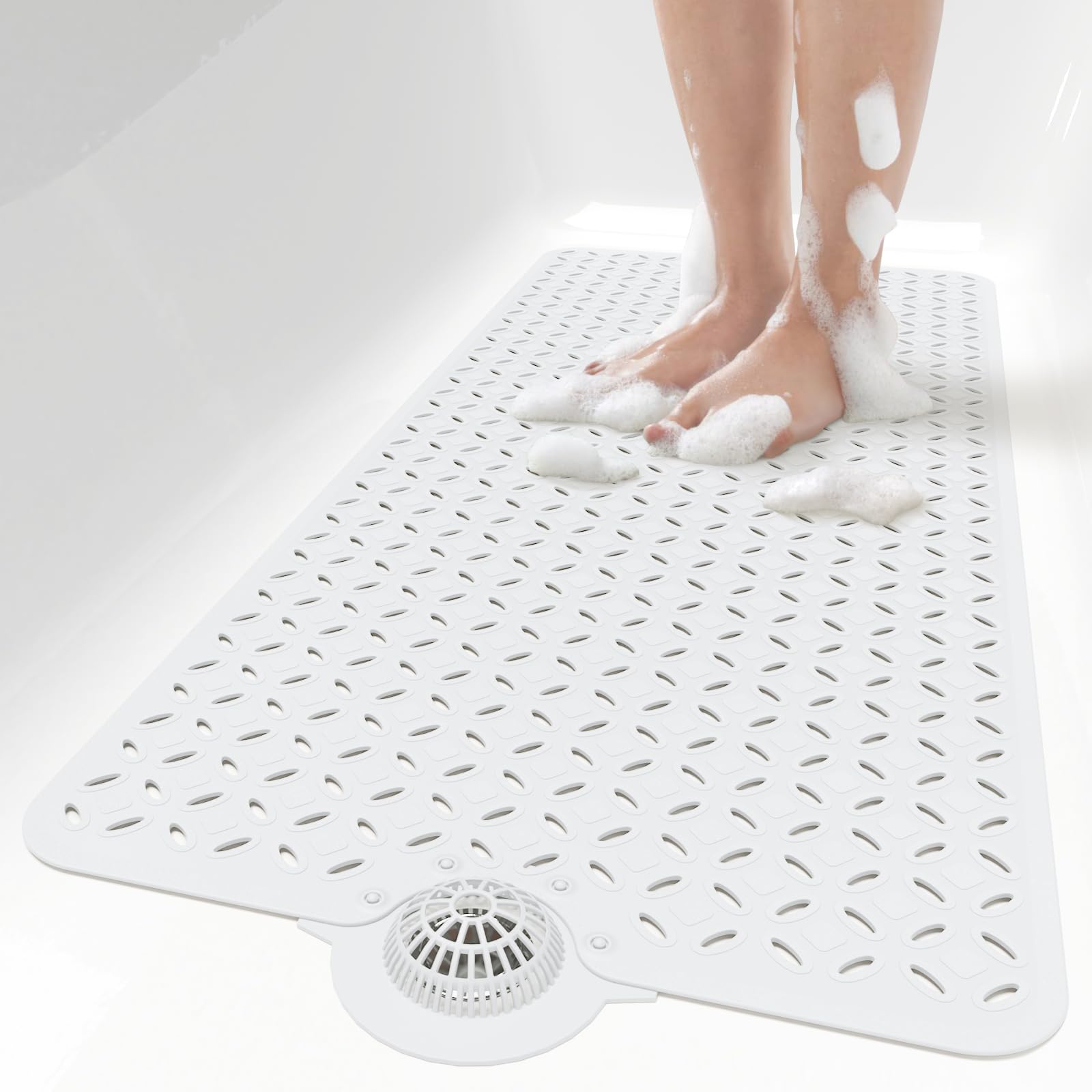 Photo 1 of OTHWAY Bath Mat for Tub Non Slip: 39" X 17" Long Bathtub Mat with Hair Catcher?Big Drain Holes Shower Mats for Inside Shower?Machine Washable (White)