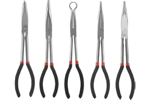 DIRBUY Long Needle Nose Pliers Set, 5 in 1 11 inch Spark Plug Wire Removal Tool - Bent Needle Nose Pliers 90 45 25 Degree - Pointy Nose Pliers - Pinch Nose Pliers for Narrow Spaces and Limited Areas